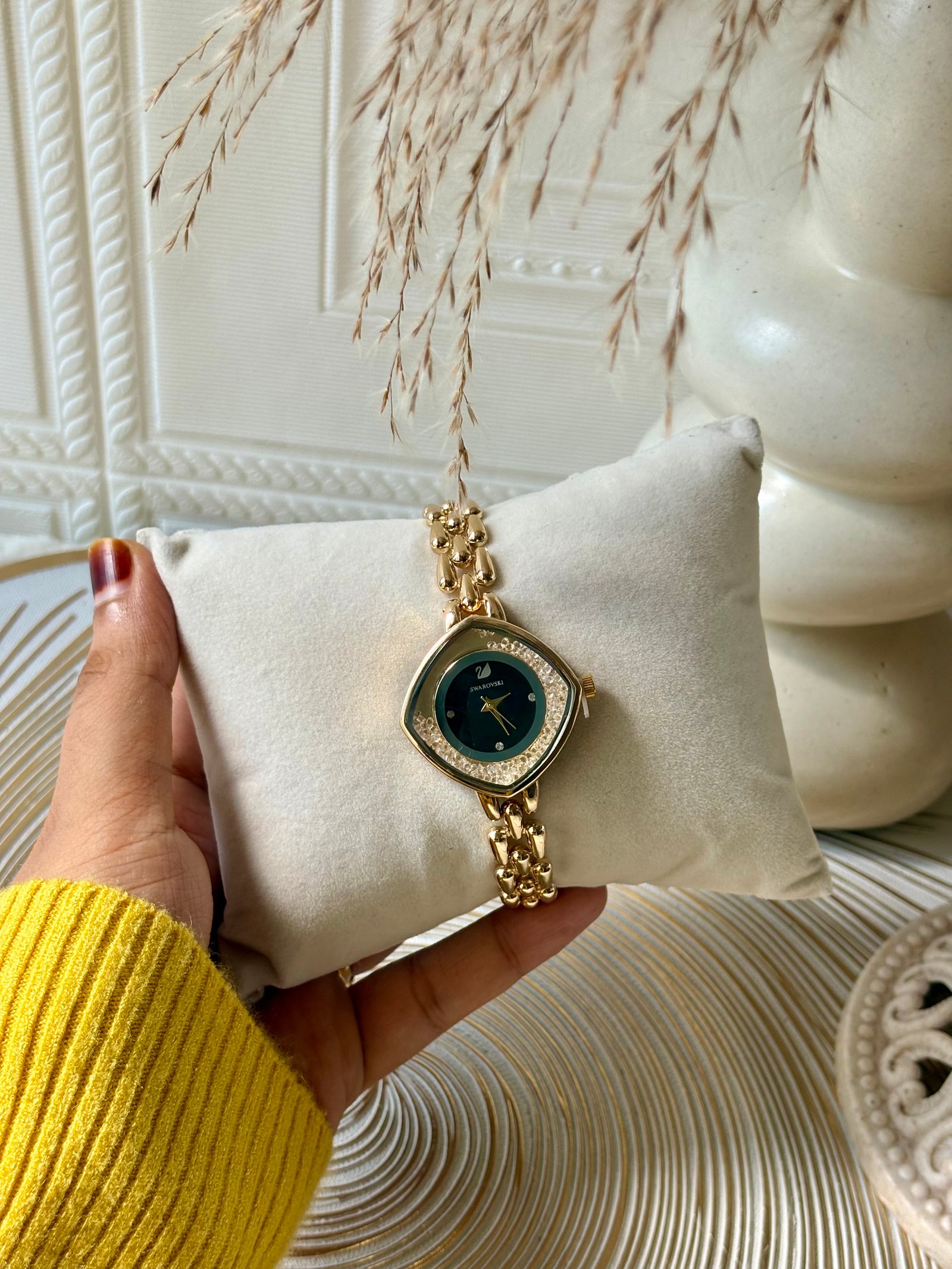 Gold Kite-Shape Watch with Emerald Green Dial - Image 2