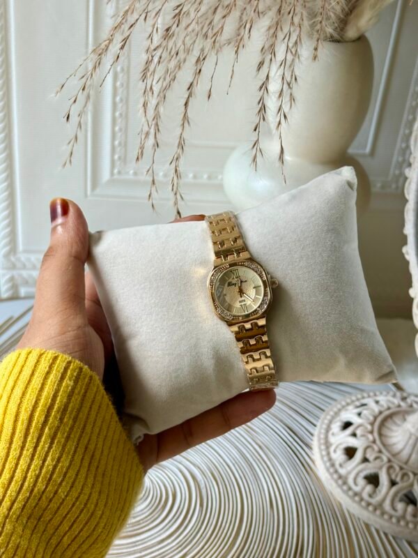 Gold Bracelet Watch with Rhinestone-Accented Bezel