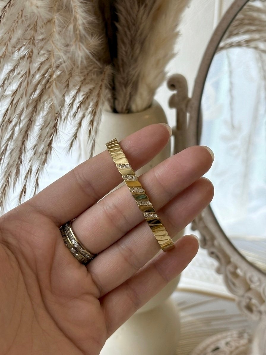 Diagonal stone-set gold bangle thin wrist - Image 2