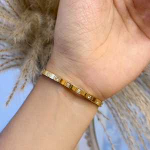 Gold bar square stones thin wrist bangle